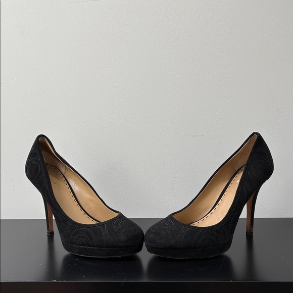 Coach Brigett suede logo stitched platform pumps heels stiletto black 10B - Picture 8 of 16